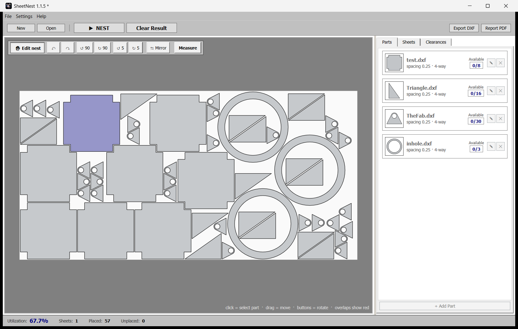 Editing a nest by hand in SheetNest — select, drag, rotate and mirror parts