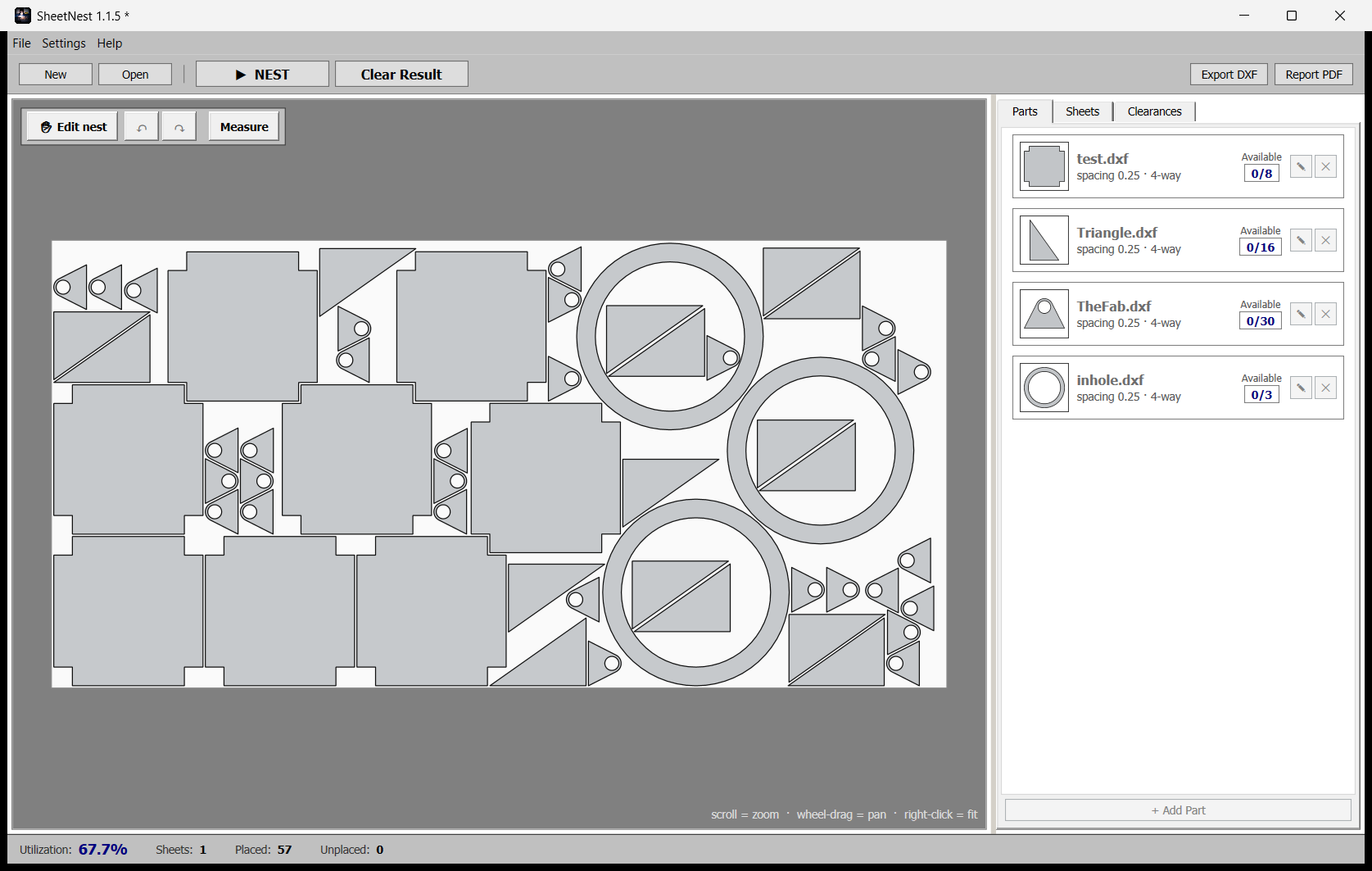 SheetNest nesting sheet-metal parts on a stock sheet for laser cutting